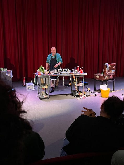 Several images of the comedy chef George Egg on stage in front of a red curtain and behind a table topped with ingredients and cooking tools