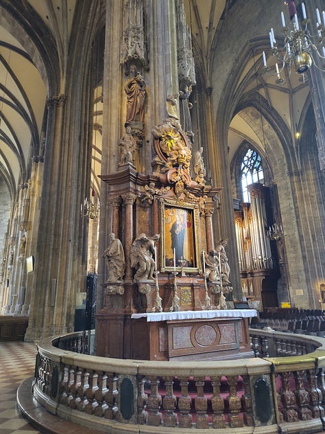 Photos of the exterior and interior of the Stephansdom, a 14th century Gothic cathedral in Vienna.