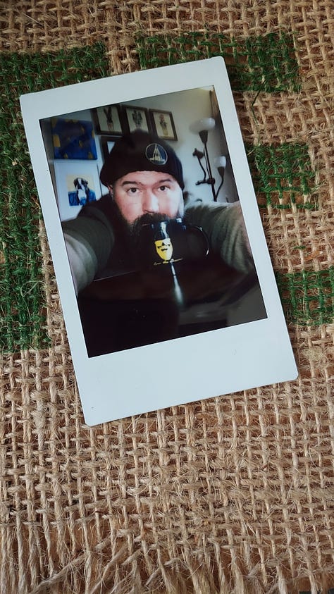 A collage of instant photographs of coffee mugs or a bald, bearded, white man drinking coffee