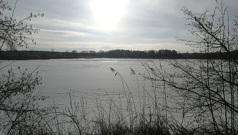 Frozen lakes and fields, and a snow-covered pedestrian bridge, hiking through the Spreewald in winter.