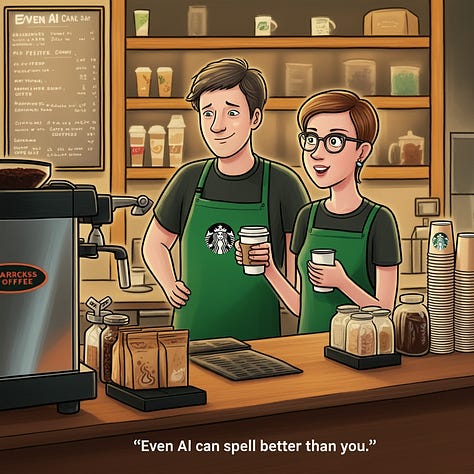 Cartoon illustration: Starbucks coffee shop. A frowning customer holds a coffee cup, saying to the barista, “Even AI can spell better than you!” The barista stands behind the counter, next to coffee machines, stacked cups, and ingredients. by DALL-E, FLUX, Ideogram, Imagen, Midjourney, Recraft. Stable Diffusion