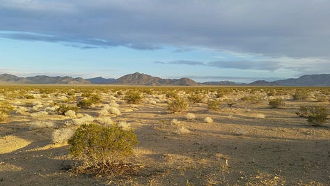 Gas station with clouds in the sky, the flat desert, and an old-school phone booth 