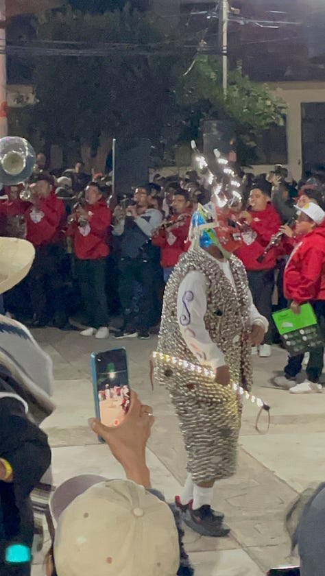 Three images showing people dressed in elaborate costumes at a Día de Muertos celebration.