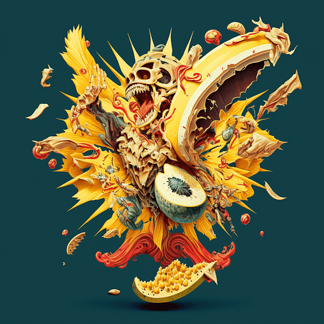 MJ Prompt: Exploded guitar, banana, and planet.