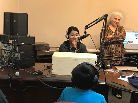 Three photos. 1. A young man at a mic in a radio broadcasting studio. 2. A young woman interviews a young person. 3. A woman siting at a soundboard laughs.