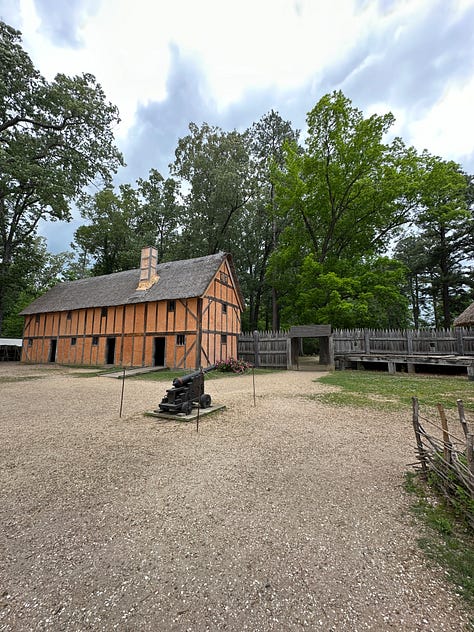 Pictures of a colonial house at Jamestown, a horse and buggy in a historic city, and author on the Yorktown battleground