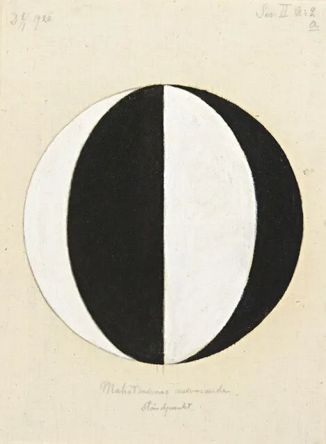 Circles divided into black and white parts. Starting picture is split vertically, while the others are distorted in various ways