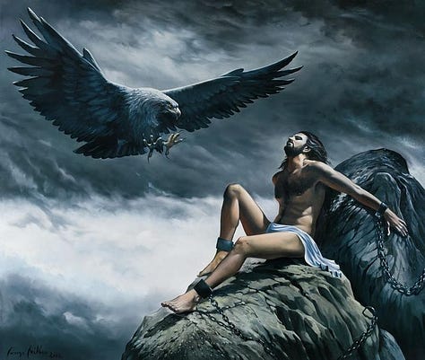 The Myth of Sisyphus cover, American Prometheus cover, and image of Prometheus and the eagle