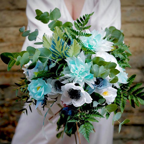 Three colourful arrangements of paper flowers in bright colours :vibrant poppies in shades of burgundy, blush and orange; Roses and Echinacea in soft natural colours created with onion skins and madder; anemones, tulips and dahlia in vivid aquas, mixed with real eucalyptus stems