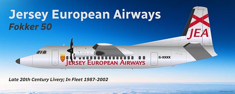 A selection of aircraft from the historic Jersey European fleet: 1) Douglas DC-3, 2) Vickers Viscount, 3) Britten-Norman BN-2B Islander, 4) Fokker F27, 5) Fokker 50, 6) Dornier 228, 7) ATR 42, 8) Avro RJ85, and 9) Viking DHC-6-400 Twin Otter - all shown in side view.