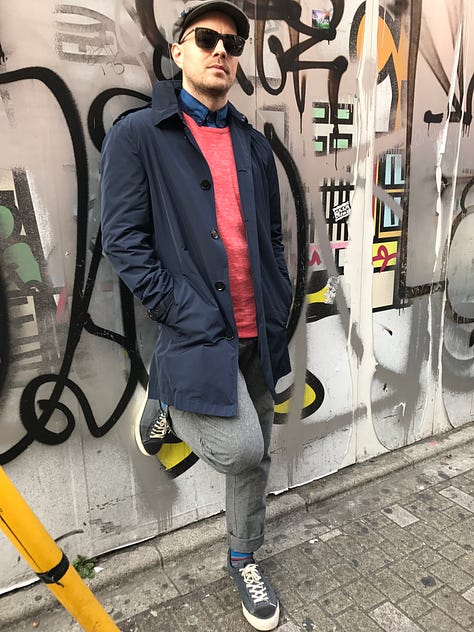 Pictures of a Japanese bento box full of rice, takoyaki, and green tea. Pictures of stylish young Japanese people in Harajuku. Picture of the author dressed in stylish clothes with Japanese graffiti behind him on the wall.