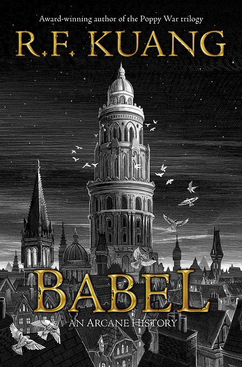 Cropped images of the covers for Lyorn (a dog with a long horn in the middle of its head), Ducks (a gigantic hauler with a young woman halfway up the ladder, looking at a desolate landscape) and Babel (a landscape of an Oxford that never was, focusing on the Translators college)