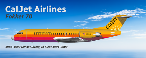 A selection of former CalJet aircraft in pre-current liveries, including 1) Douglas DC-3), 2) Douglas DC-6, 3) Lockheed L-1049 Super Constellation, 4) Boeing 707-320B, Boeing 727-200 Advanced, Douglas DC-9-30, Boeing 757-200, Fokker 70, and Fokker 100 - all shown in side view.