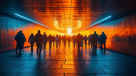 A group of people in a dark tunnel, backlit by a bright light at the tunnel's end, creating long and dramatic shadows