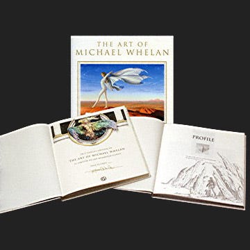 LEFT: Three limited edition copies of THE ART OF MICHAEL WHELAN set against a black background. One shows the front cover with the art WING. The two copies laid overlapping in front show the limitation leaf and the remarqued page. CENTER: Detail of the limitation leaf from numbered copy 2 signed by Michael. The art features a winged female nude from the waist up. Her spread wings are hand tinted by the artist in pink, orange, and yellow/green. Various baubles hanging from delicate chains are colored bronze. RIGHT: Pen and ink remarque from the same numbered copy of THE ART OF MICHAEL WHELAN featuring a small dragon resting on an arch that connects over a chasm. Its wings are spread and its beak is turned to the side as it announces itself. A young man is sitting on the right cliff edge lost in thought.