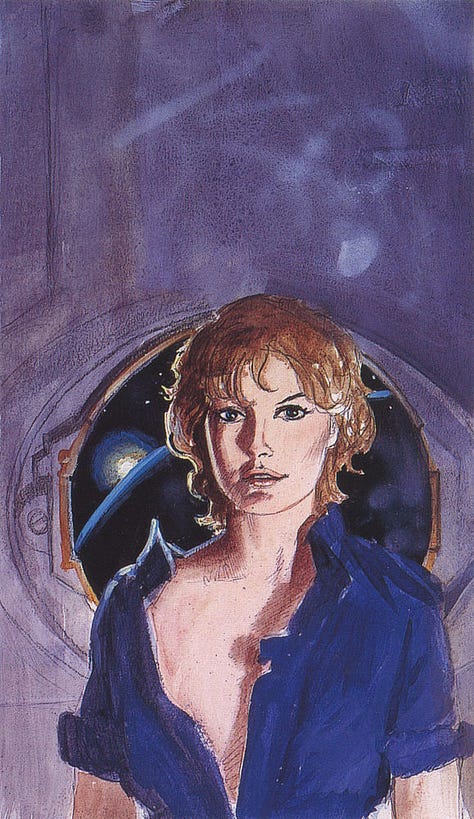 LEFT: Detail from FRIDAY featuring a woman standing in front of a gold trimmed porthole that looks out on space. The zipper of her jumpsuit is pulled down to her waist exposing skin and a hint of her breast. CENTER: Close detail featuring Friday staring directly at the viewer with blue eyes, prominent and glossy as they reflect the light. The collar of her denim jumpsuit is flipped up. The zipper pulls on her chest pockets have tipped ends that make them look phallic. Over her left shoulder glows the crescent of a moon. Red patterns, a sign of civilization, shine on the dark face RIGHT: Rough color concept featuring Friday in the pose for the cover painting. The egg shaped viewport is defined. Her wardrobe lacks the zipper pulls. A circle of light emerges from behind the planet over her right shoulder, but there is no moon over her left.