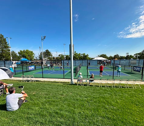 Pictures of players on pickleball courts in tournament play