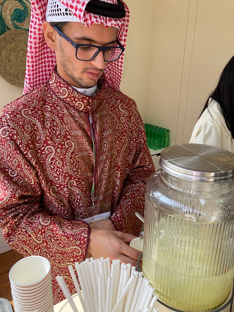 Three images of Saudi Arabian food. The first features a man in a typical headdress the second a woman wearing a black abaya, and the third a basket of spices.