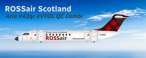 The current ROSSair Scotland fleet: 1) Aria T42 Transonic, 2) Aria T102 Transonic, 3) Aria V42 eVTOL, 4) Aria V42qc eVTOL Combi, 5) Aria V12c eVTOL Combi Air Ambulance, 6) ATR 42, 7) ATR 72, 8) Britten-Norman Islander, 9) de Havilland DHC-6 Twin Otter.