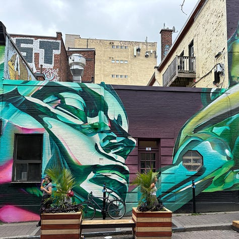 Six colorful murals painted on city buildings