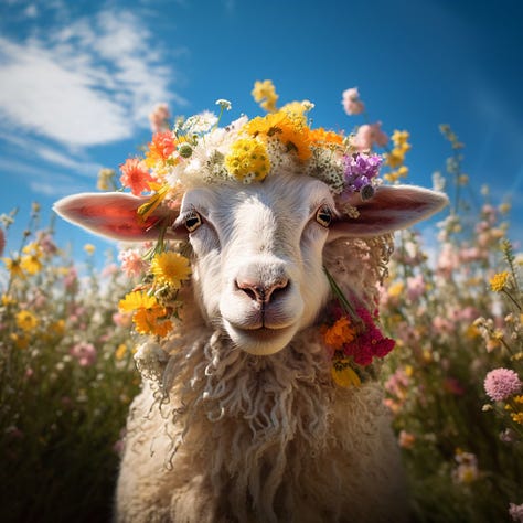 Portrait of a sheep with flowers in its fur, zoomed out image of it with more surrounding flowers and one version whith even more flowers and some of them at the image border are blurred.