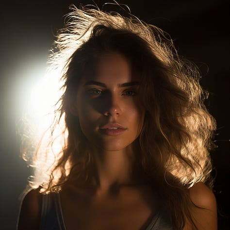 Photo of a woman, teddy bear, and rose, backlit