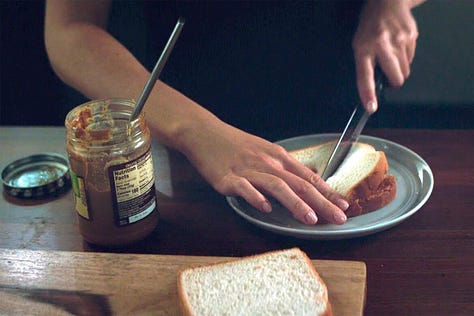 #1 A “Fools Gold Loaf” — a peanut butter, jelly, and bacon sandwich, in the movie WHAT IF starring Danielle Radcliffe and Zoe Kazan #2 In AVENGERS: ENDGAME, Scarlett Johansson’s Black Widow makes herself a PB&J sandwich, (which she calls a “peanut butter sandwich” in the dialogue, but further inspection shows that at least someone on the internet has screencaptures showing the use of a jar of jelly.) #3 INTERNATIONAL VELVET: Christopher Plummer’s character makes a peanut butter and jelly sandwich. (Found this one thanks to Silver Screen Suppers!)