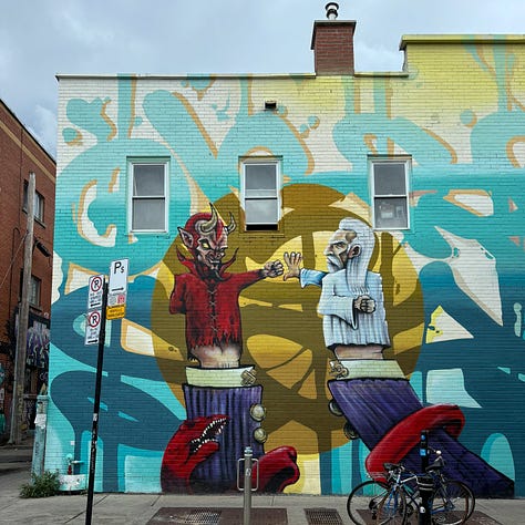 Six colorful murals painted on city buildings