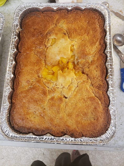 Yeast rolls; Cheddar Biscuits w/parsley and chives; Peach Cobbler  