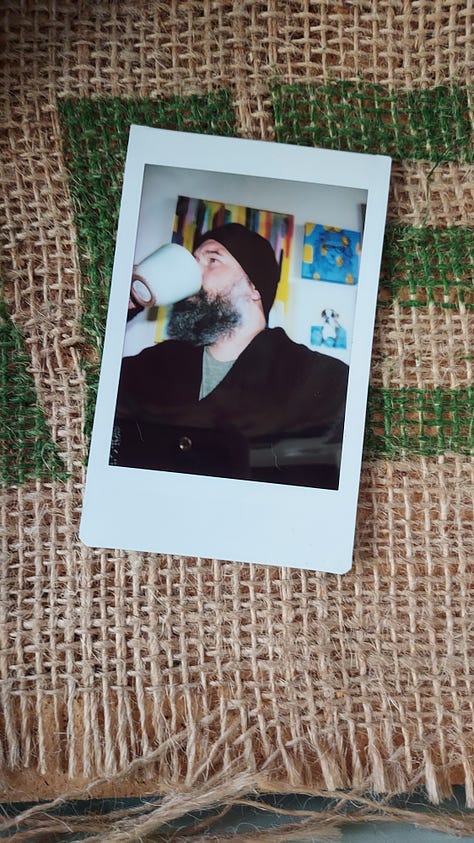 A collage of instant photographs of coffee mugs or a white, bald, bearded man drinking coffee