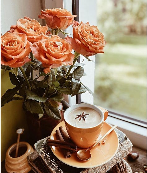 A collection of images inspired by autumn. Flowers and tea, and a landscape