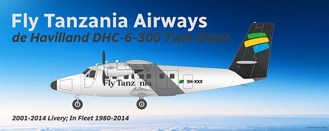 A selection of former aircraft used by Swahili Coast Airlines and its immediate predecessor, Fly Tanzania Airways: 1) Douglas DC-9-30, 2) Fokker F27 Friendship, 3) de Havilland DHC-6 Twin Otter, 4) Bombardier CRJ200, 5) Bombardier Dash 8 Q300, and 6) Cessna 208B Grand Caravan - all shown in side view.A selection of former aircraft used by Swahili Coast Airlines and its immediate predecessor, Fly Tanzania Airways: 1) Douglas DC-9-30, 2) Fokker F27 Friendship, 3) de Havilland DHC-6 Twin Otter, 4) Bombardier CRJ200, 5) Bombardier Dash 8 Q300, and 6) Cessna 208B Grand Caravan - all shown in side view.