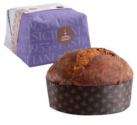 Two images of chocolate bars with brightly coloured packaging, and a panettone with its purple coloured packaging. 