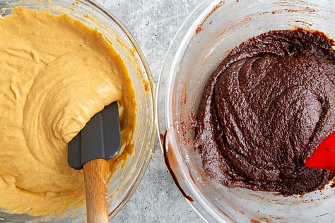 Process shots showing how to make pumpkin cheesecake brownies