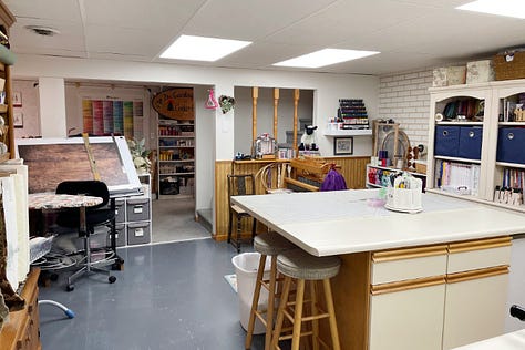 Photos (left to right) provide a 360° view around my sewing and art studio.