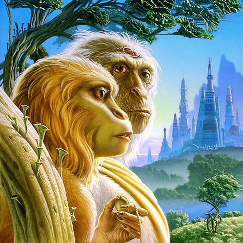 LEFT: Detail from THE NEW SPRINGTIME featuring two ape-like, an older wrinkled male and a younger tan furred female, standing in profile. The elder turns thoughtfully toward the viewer while the line of the younger's eyes focus off-panel left past a futuristic city of conical towers rising on a hill. CENTER: VISION, Acrylics on Illustration Board, 9" x 6". Detailed tonal concept for THE NEW SPRINGTIME featuring an ape-like humanoid on his knees holding up a small glowing sphere. The view of him is partially obstructed by a broken wall with an opening curving around his figure. On a pedestal above him a fleshy T-rex like dinosaur stands. RIGHT: TRAVELER, Acrylics on Illustration Board, 10" x 7". Color tonal concept for THE NEW SPRINGTIME featuring an ape-like humanoid riding on the humped back of an orange-furred alien pachyderm. The stands on a rock outcrop overlooking a futuristic city tucked between tall verdant hills.