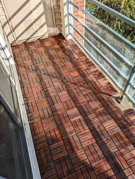 Three photos of a balcony: The first showing faded tiles, the second showing them wet after being sprayed, the third showing them with a much richer, deeper brown.