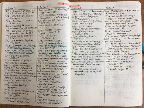 Hand-written lists of stories and poems read