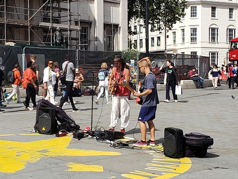 Trafalgar Square host demonstration, cultural events and community gatherings. Buskars and musicians are attracted to the ever changing crowd.