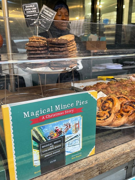 The first image is of a copy of the Mince Pies book, with a picture of the Bread Ahead bakery in Borough Market in south London. The middle picture is of a mince pie bought at the bakery