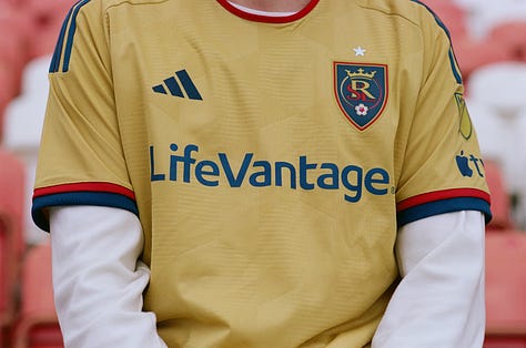 Real Salt Lake's new away kit, which is yellow with blue and red accents.