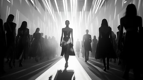 Pinhole photography capturing Fashion Week runway with slightly blurred tones.