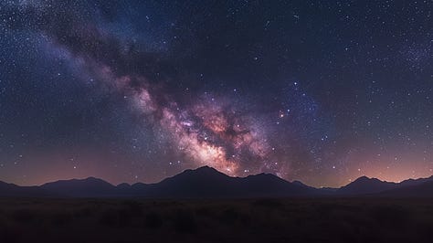 Extreme long exposure of starry night sky, Milky Way arching over silhouetted mountains