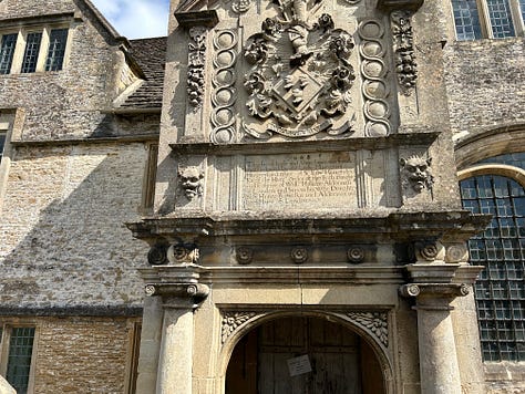The Corsham Almshouses, gates to Corsham Court, the Methuen Coat of Arms and the war memorial.  Images: Roland's Travels