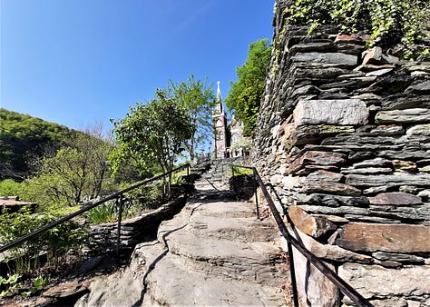 Three pictures showing stone steps in Harpers Ferry WV.