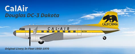 A selection of former CalJet aircraft in pre-current liveries, including 1) Douglas DC-3), 2) Douglas DC-6, 3) Lockheed L-1049 Super Constellation, 4) Boeing 707-320B, Boeing 727-200 Advanced, Douglas DC-9-30, Boeing 757-200, Fokker 70, and Fokker 100 - all shown in side view.