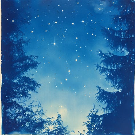 Fox, fruit basket, shooting stars, cyanotype in Midjourney