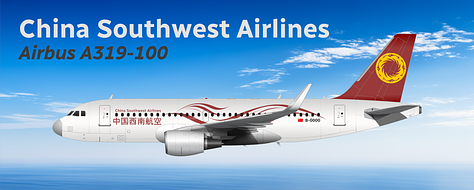 The current China Southwest Airlines fleet: 1) Comac C919, 2) Airbus A321LR, 3) Airbus A320neo, 4) Airbus A320-200, 5) Aria T102 Transonic, 6) Airbus A319-100.