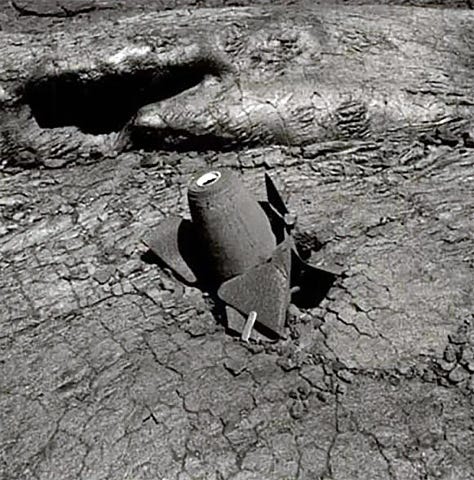 From L to R: 1935 bomb photographed in 1977 (USGS), Man stands by lava flow near Pahoa in 2018 (Scott Wiggers/AP), recent unexploded bomb discovered by hiker in 2020 (Kawika Singson)