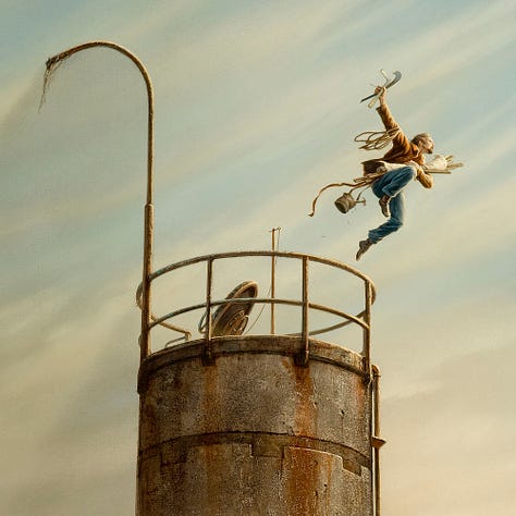 LEFT: Detail of the artist in a daring leap off the top of a weathered concrete tower. He's jumped off the guard rail. Below, the concrete is streaked with rust. Taut wires are strung from the tower to adjacent buildings off-panel. CENTER: Closer detail of the artist in a daring leap off the top of a weathered concrete tower. Behind him a vault hatch is propped open. A metal pole extends opposite, running straight up until it curve outward. Tatters of string hang from the end. RIGHT: Close detail of the artist mid-leap across streaks of cream colored clouds that show through to hints of blue sky. One arm is extended out holding a french curve, L-square, and pencil. Rope is looped over the long sleeve of his shirt. In his other arm, he clutches canvas and wood framing pieces. A satchel hangs low at his side, trailing his motion. A hammer tipping out and nails have already fallen.